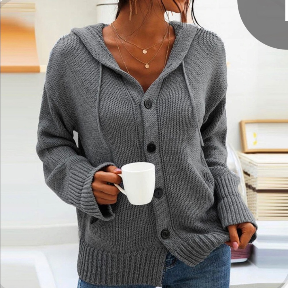 Chic Grey Plain Hoodie Outerwear
